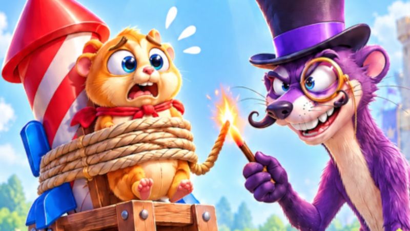 Fuse Rush key art: Nugget the hamster tied to a rocket while Baron Knotley lights the fuse