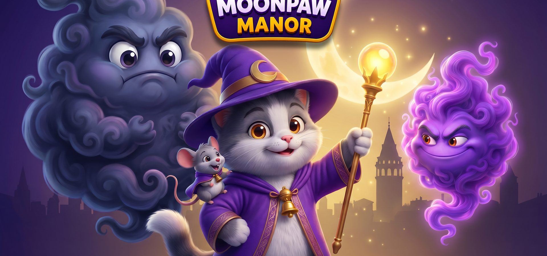 Moonpaw the wizard cat raises a glowing staff beneath a crescent moon