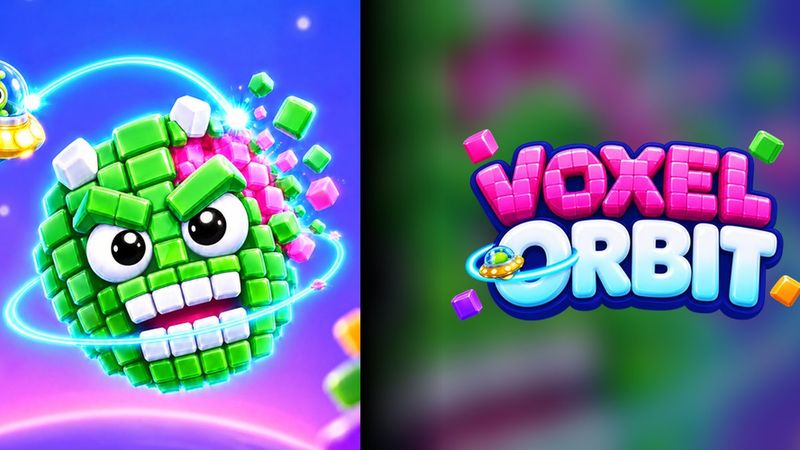 Voxel Orbit key art: a voxel monster on a glowing orbit ring with a UFO